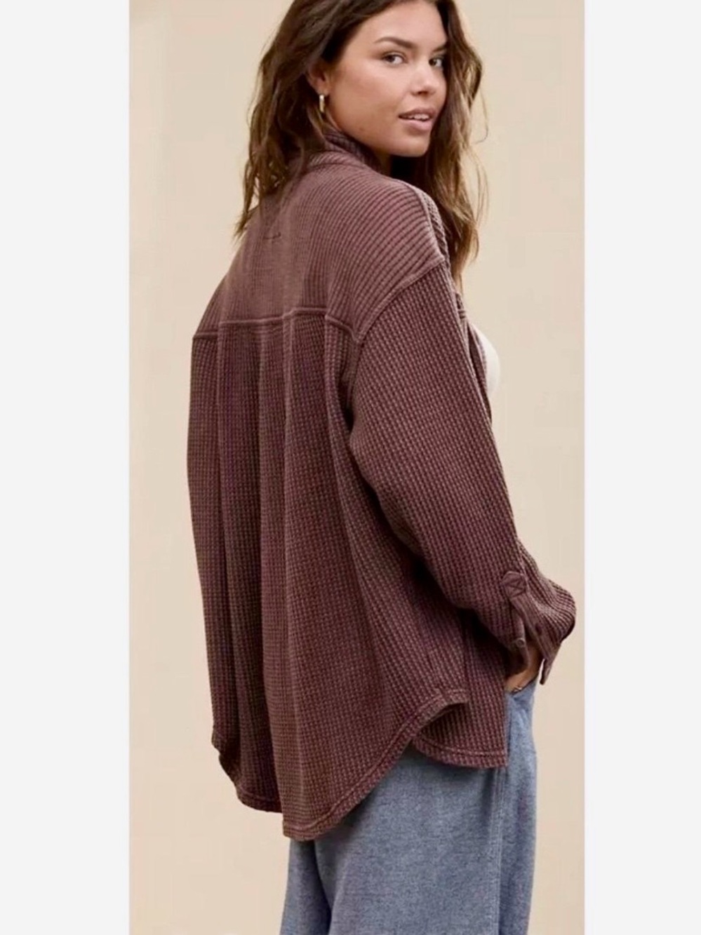 aerie Relaxed Rust/Brown Waffle-Knit Button-up Top - Picture 2 of 5
